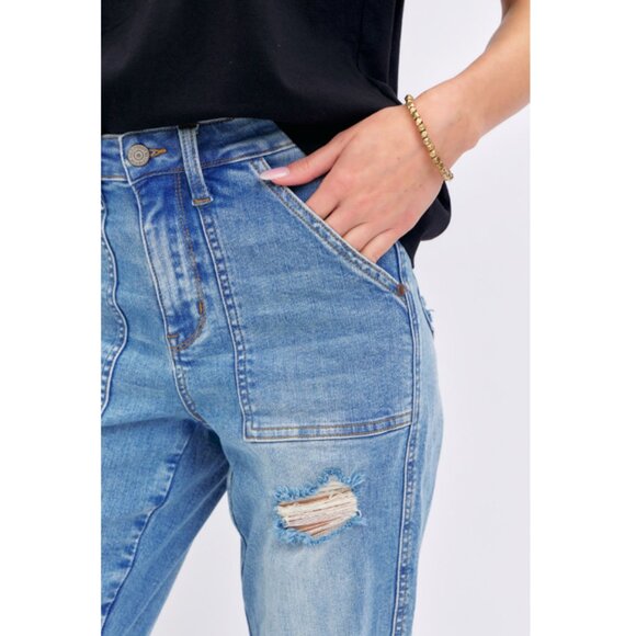 JUDY BLUE HIGH WAIST PATCH POCKET & DESTROY BOYFRIEND - Picture 2 of 6